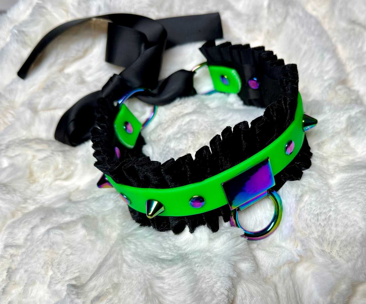 Black Velvet Double Ruffle Vegan Leather Kitten Submissive Collar