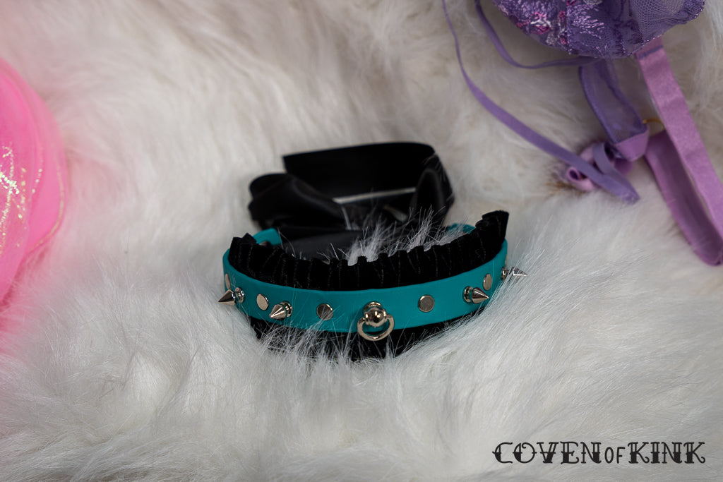 Black Velvet Double Ruffle Vegan Leather Kitten Submissive Collar